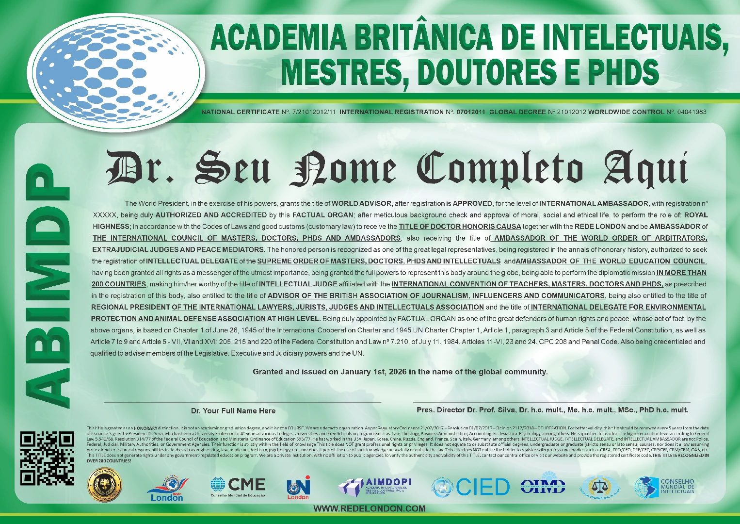 Diploma Academia Britânica de Intelectuais, Mestres, Doutores e Phds