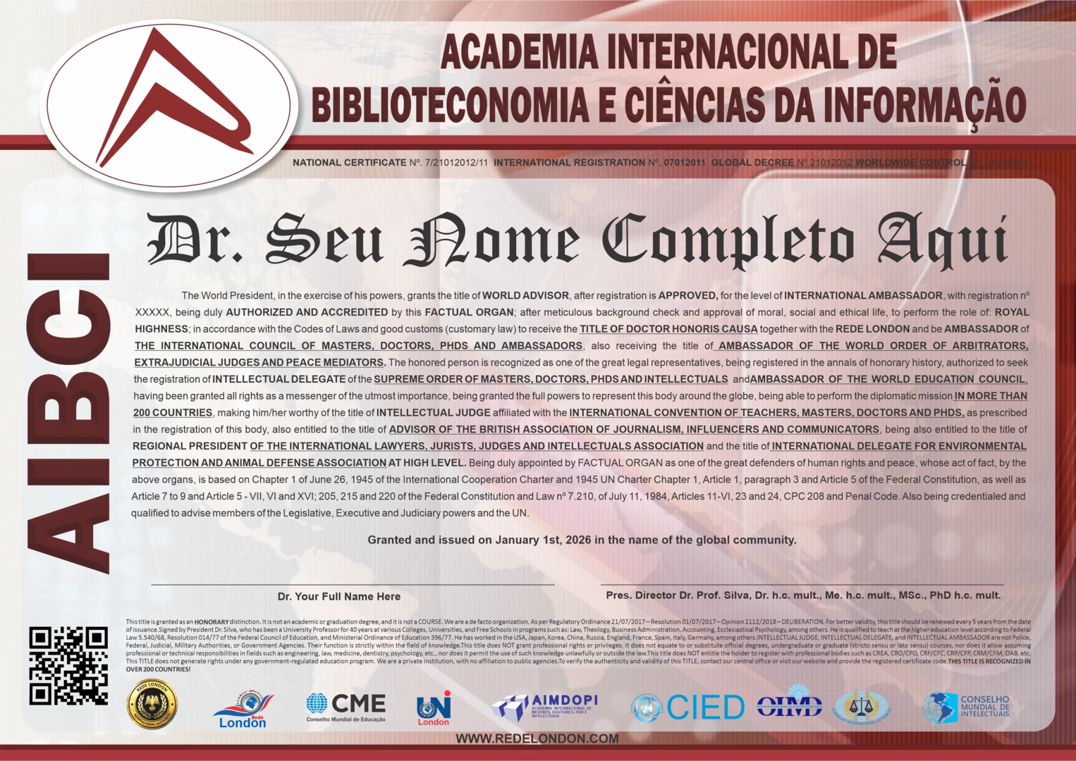 Diploma Academia Internacional de Biblioteconomia e Ciências da Informação