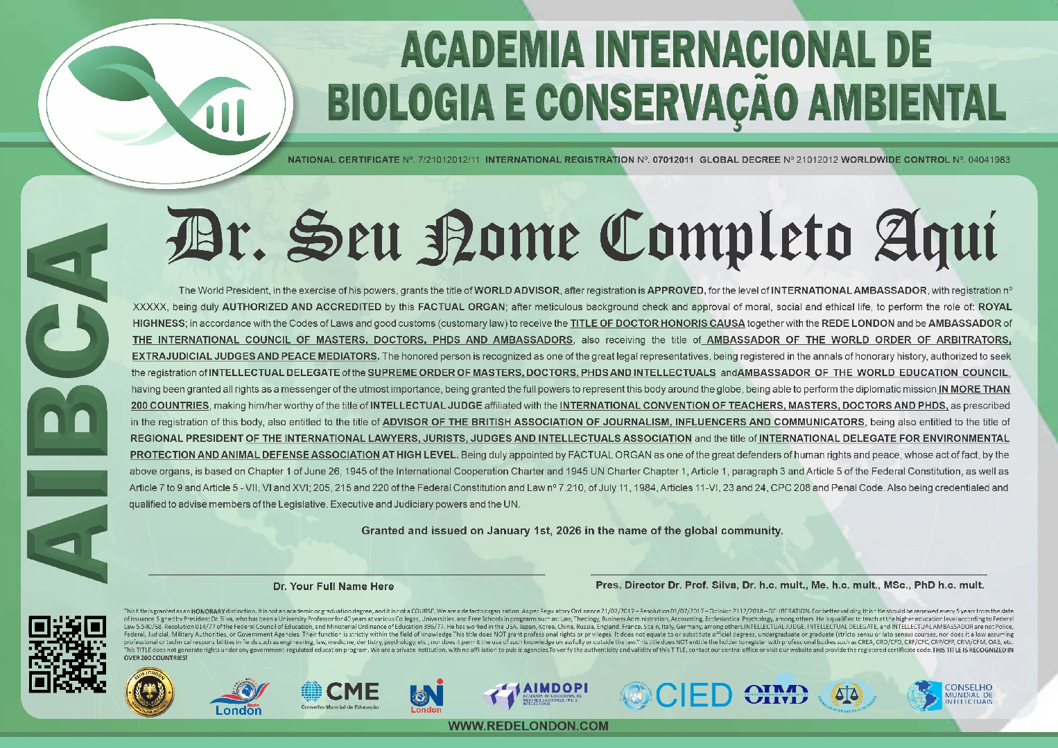 Diploma Academia Internacional de Biologia e Conservação Ambiental