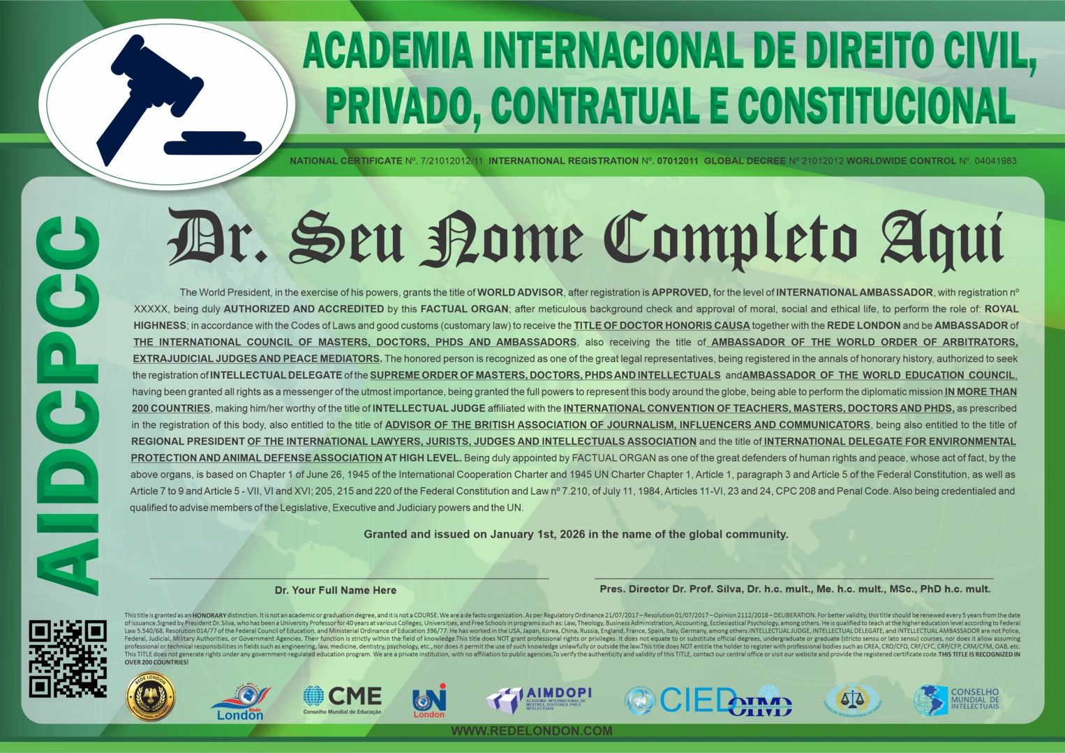 Diploma Academia Internacional de Direito Civil, Privado, Contratual e Constitucional