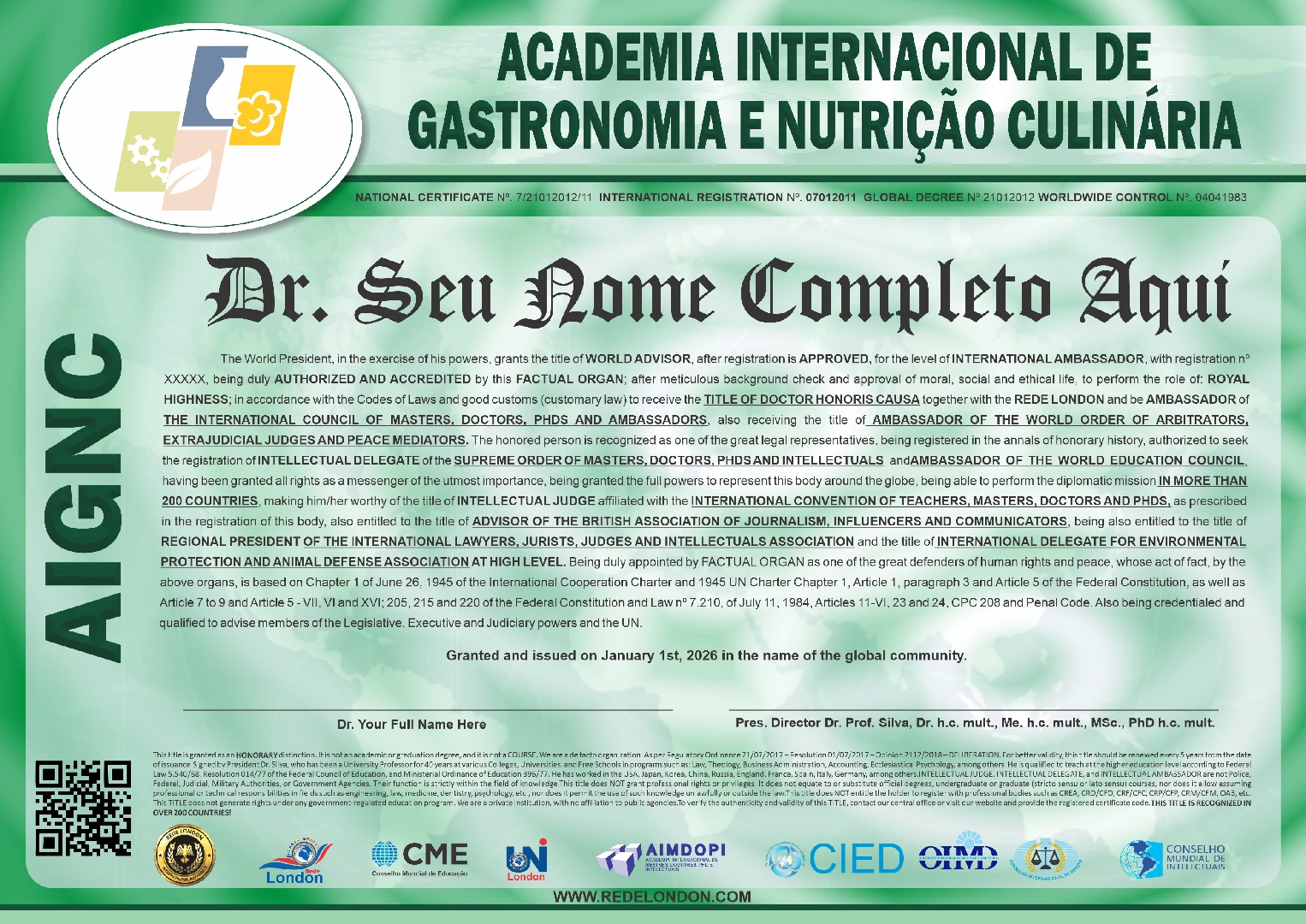 Diploma Academia Internacional de Gastronomia e Nutrição Culinária