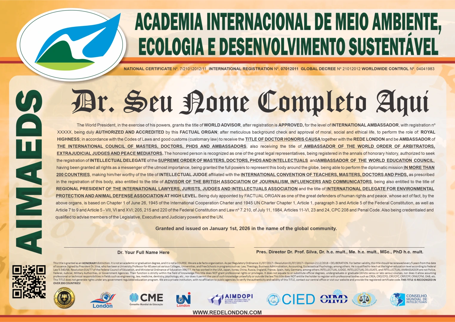 Diploma Academia  Internacional de Meio Ambiente, Ecologia e Desenvolvimento Sustentável