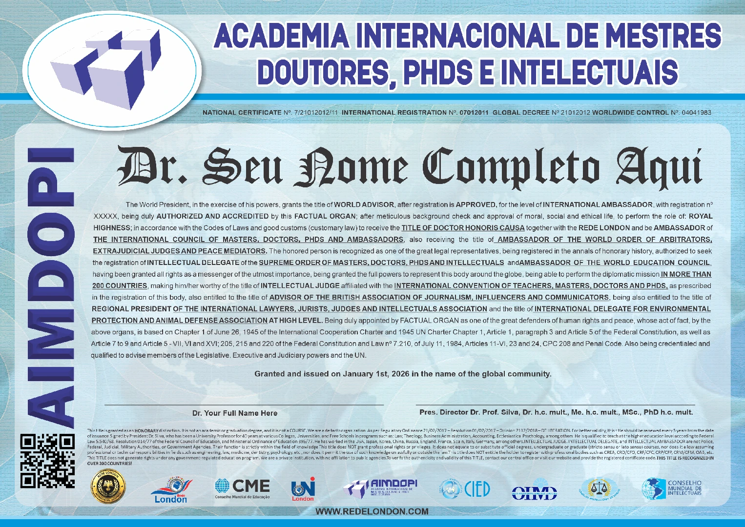 Diploma Academia Internacional de Mestres, Doutores, Phds e Intelectuais