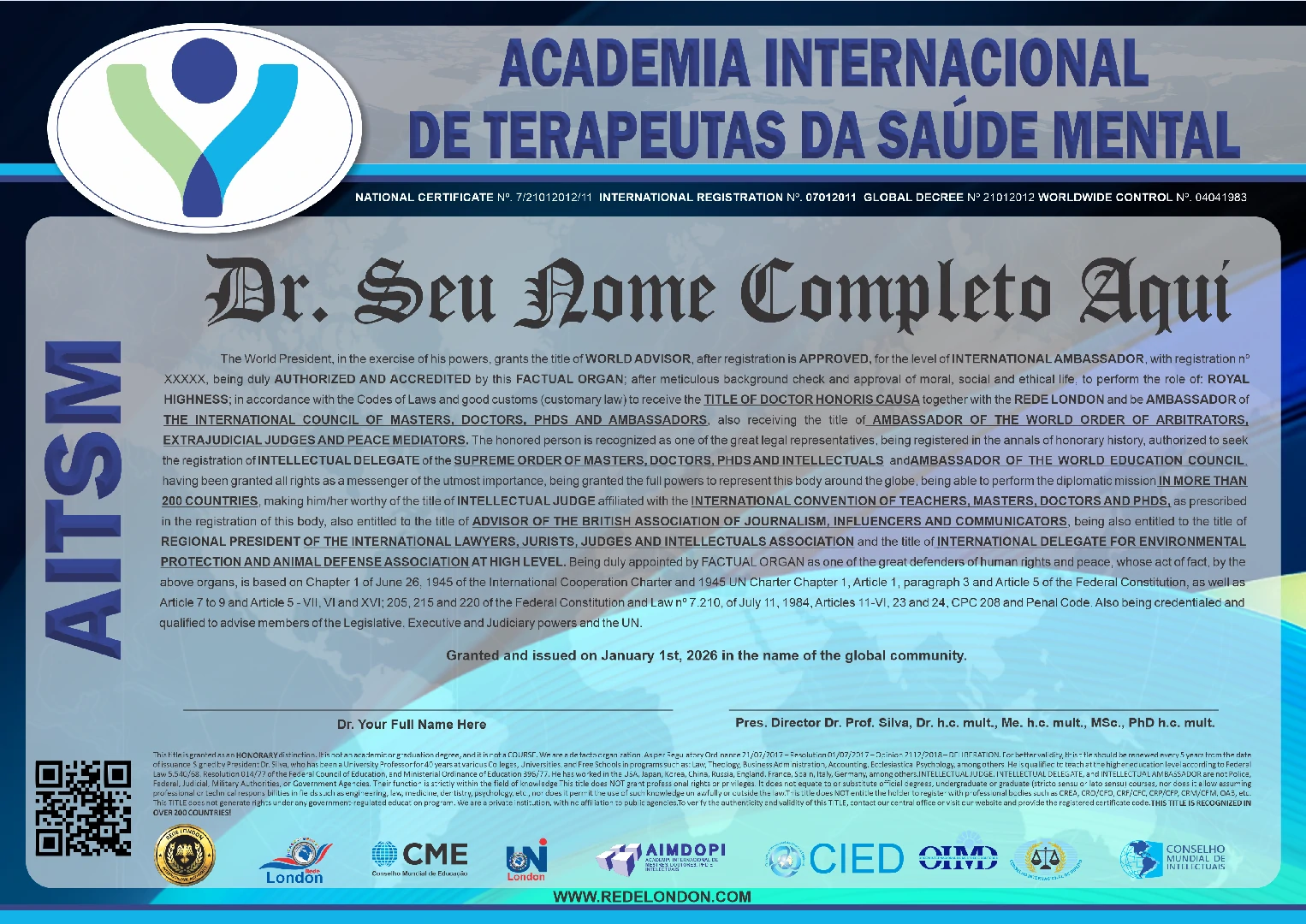 Diploma Academia Internacional de Terapeutas da Saúde Mental