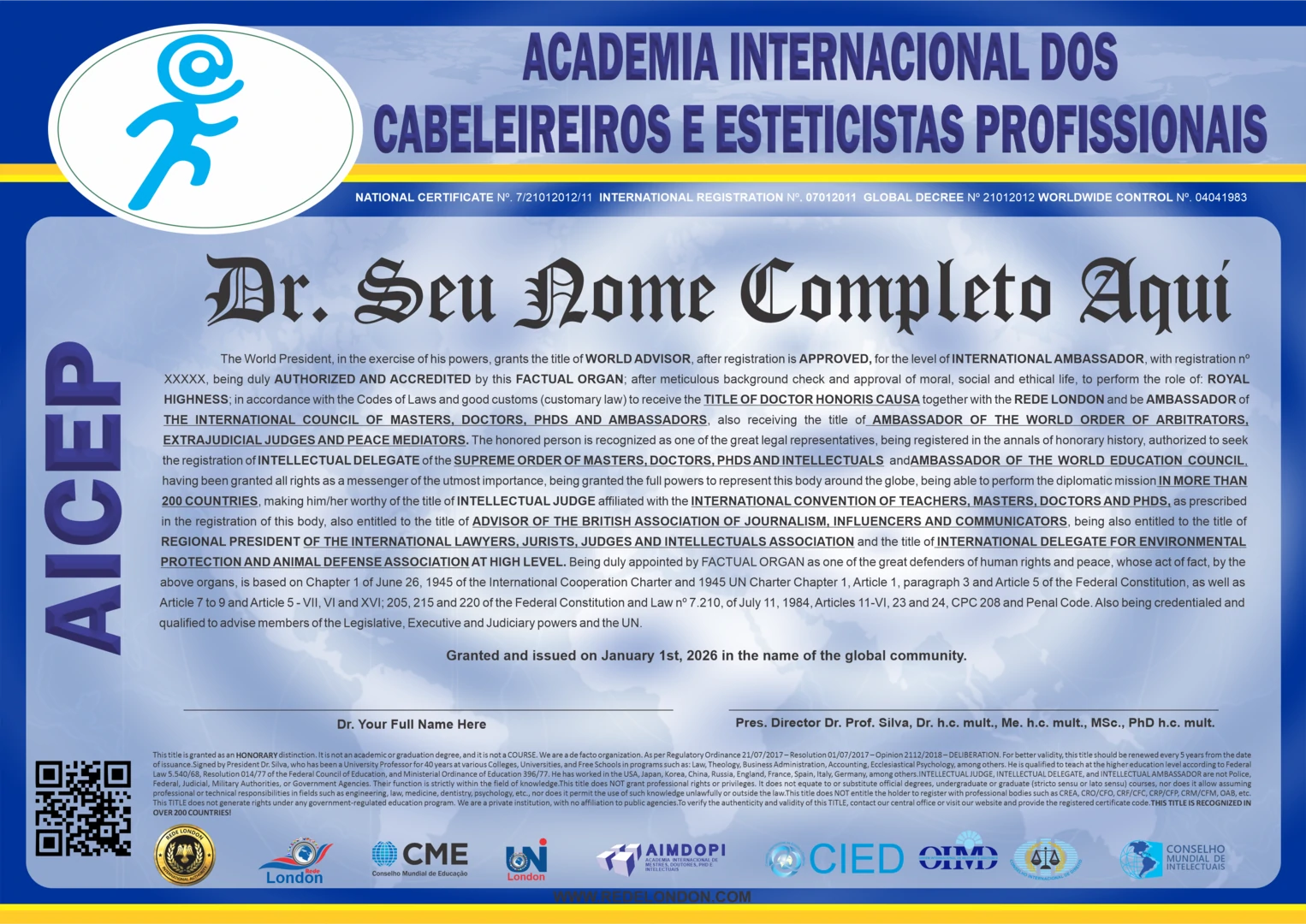 Diploma Academia Internacional dos Cabeleireiros e Esteticistas Profissionais