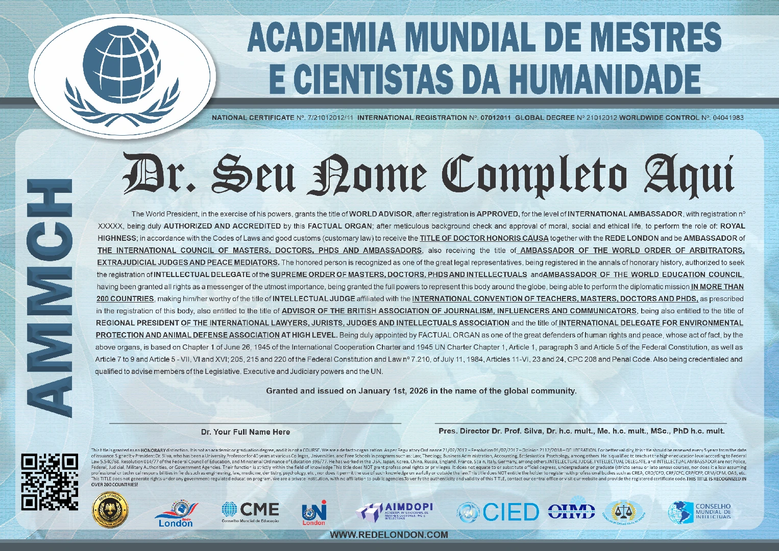 Diploma > Academia Mundial de Mestres e Cientistas da Humanidade