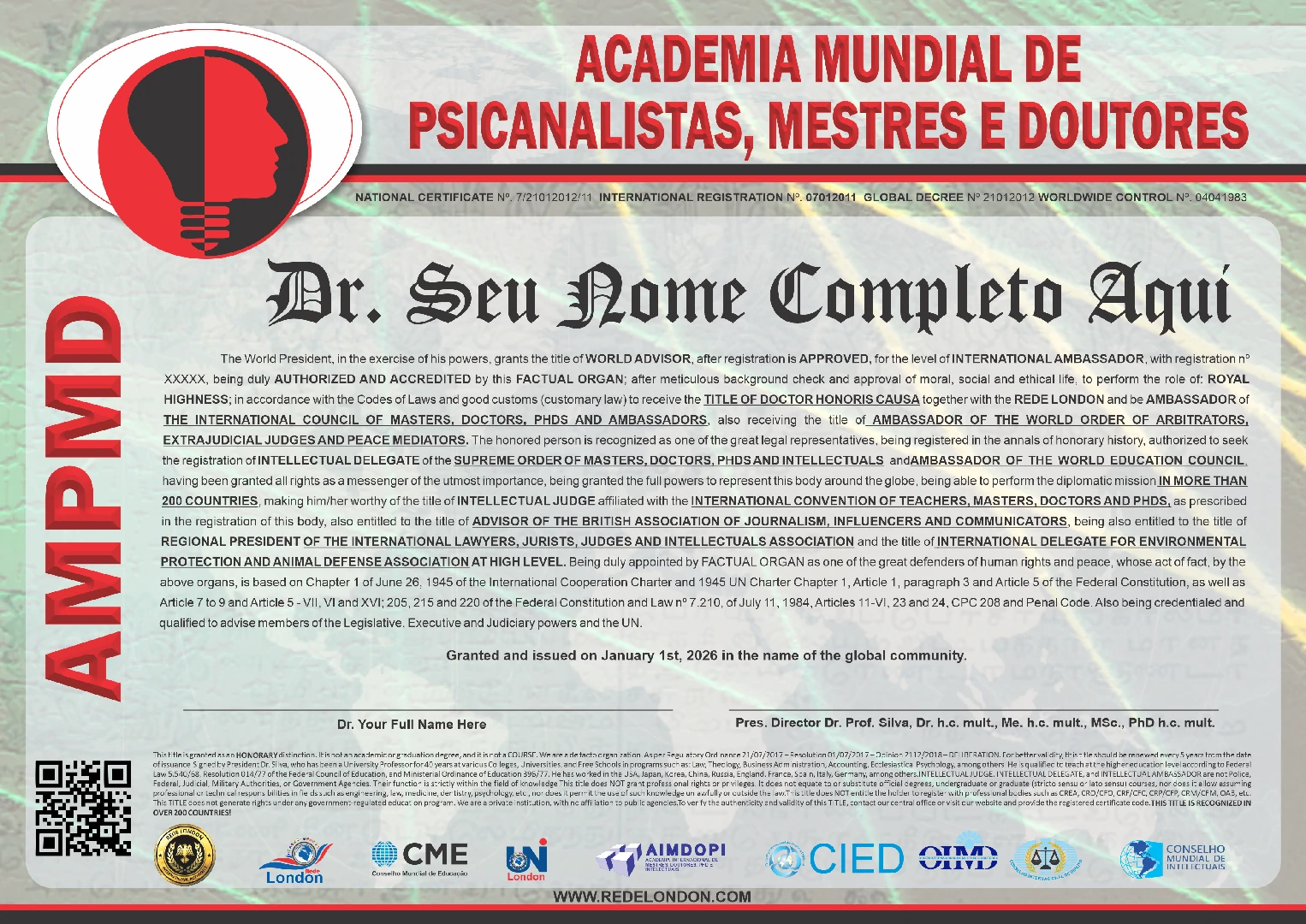 Diploma > Academia Mundial de Psicanalistas, Mestres e Doutores