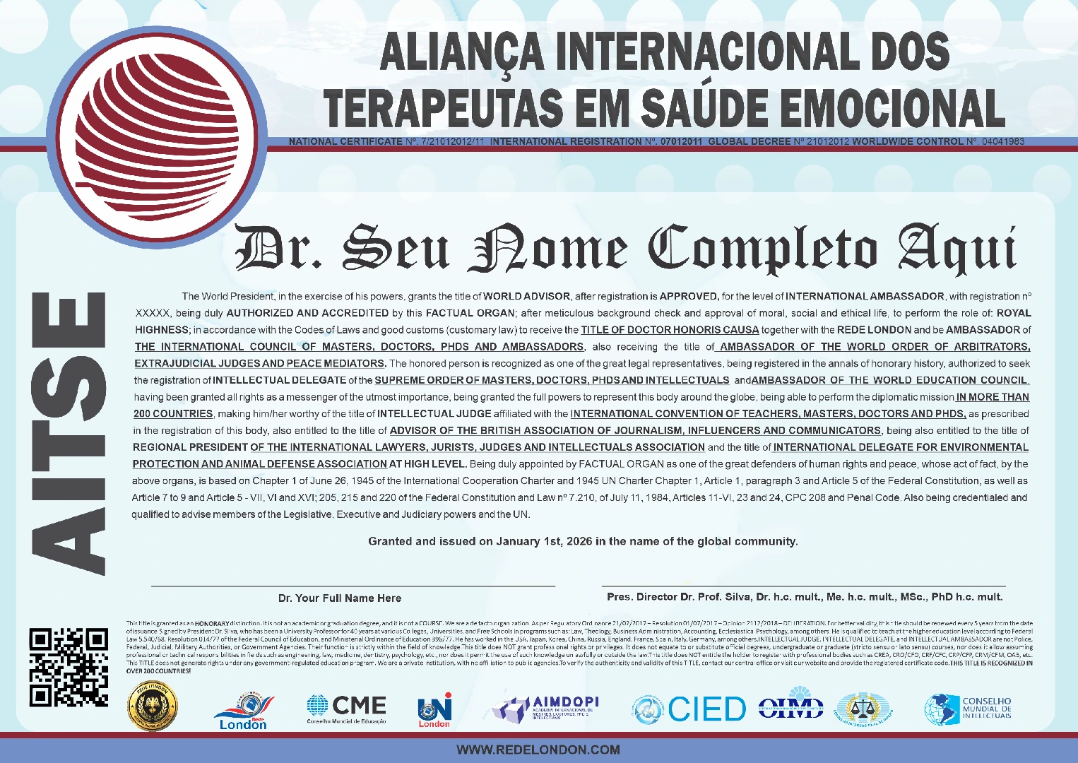 Diploma Aliança Internacional dos Terapeutas em Saúde Emocional