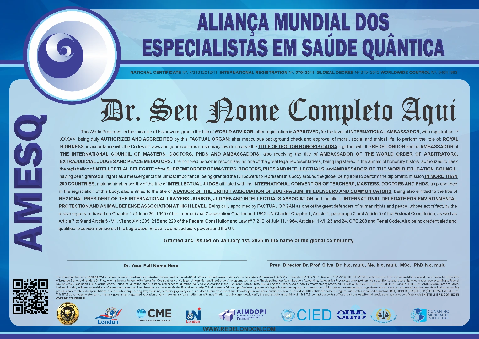 Diploma Aliança Mundial dos Especialistas em Saúde Quântica