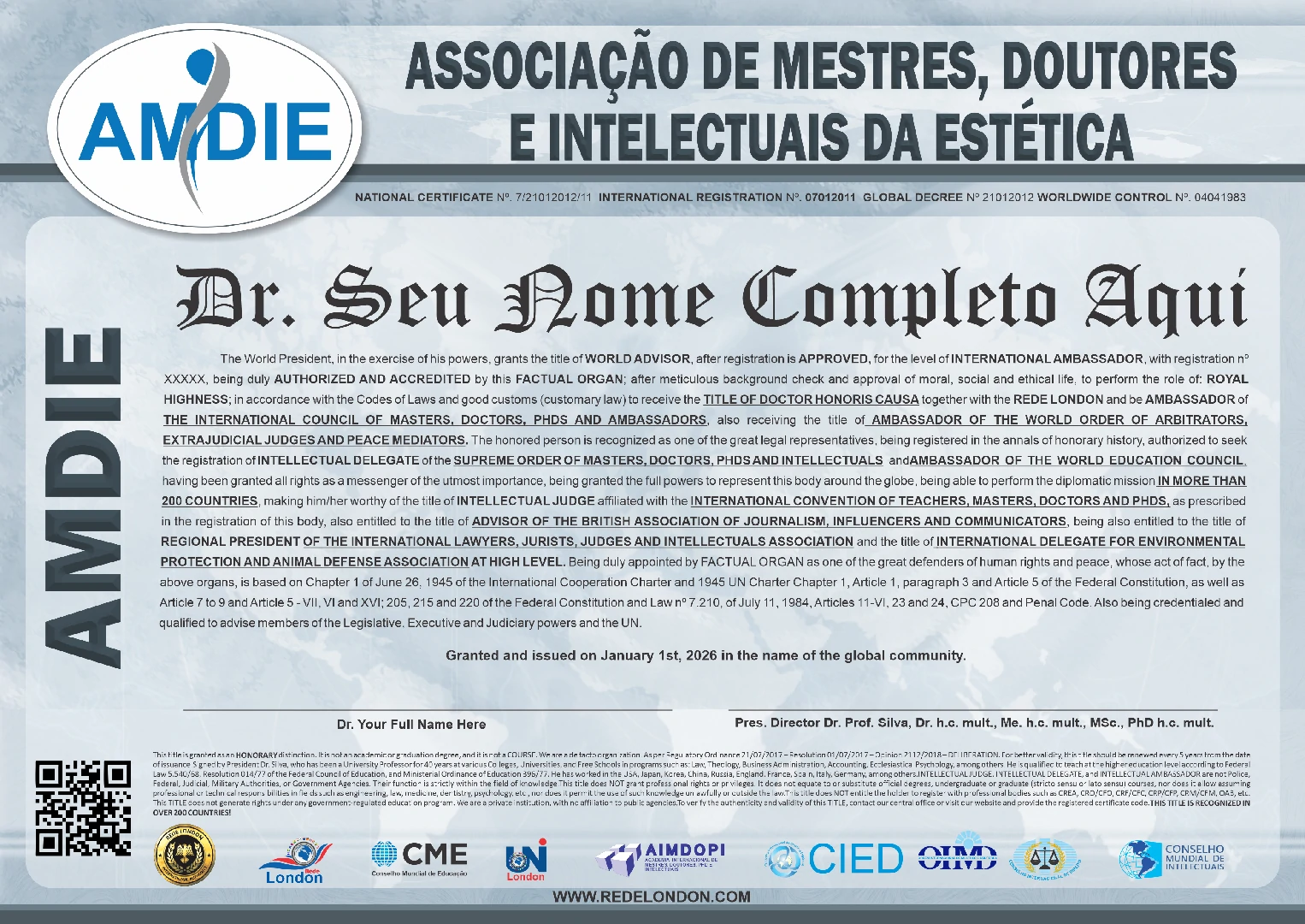 Diploma Associação de Mestres, Doutores e Intelectuais da Estética