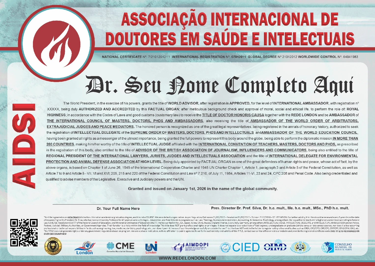 Diploma Associação Intercontinental de Doutores em Saúde e Intelectuais