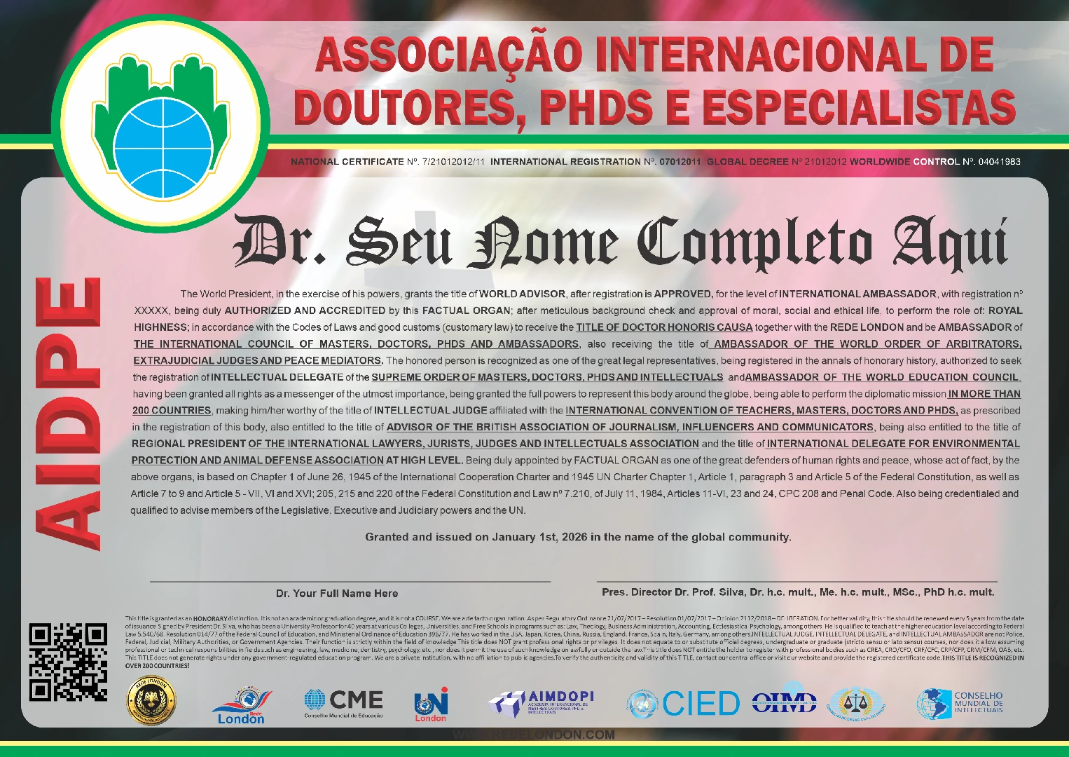 Diploma Associação Intercontinental de Doutores, Phds e Especialistas