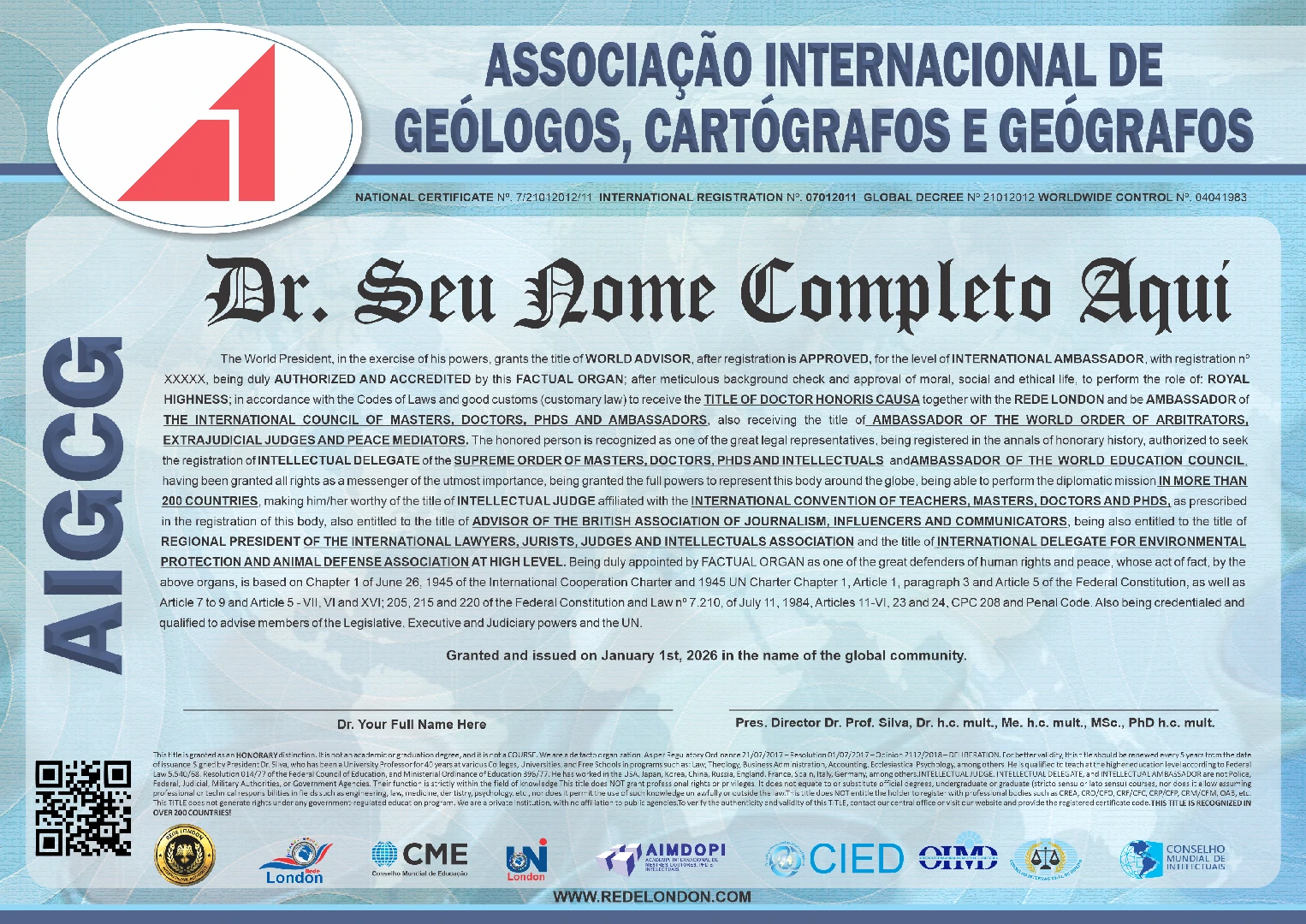 Diploma Associação Intercontinental de Geólogos, Cartógrafos e Geógrafos