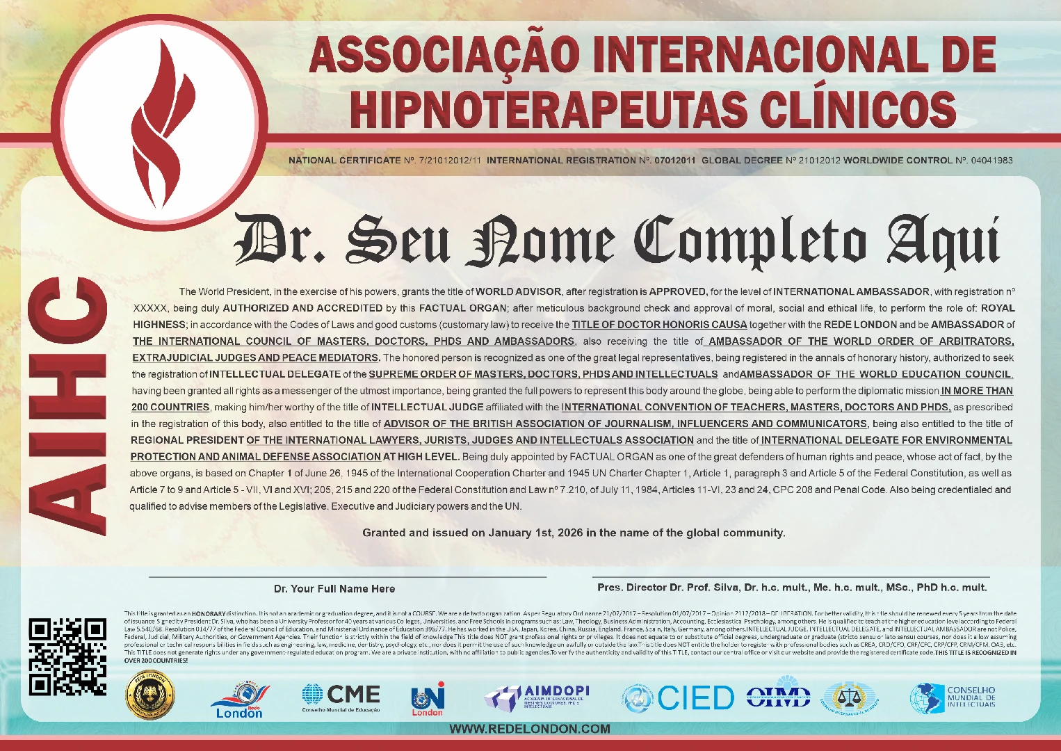 Diploma Associação Intercontinental de Hipnoterapeutas Clínicos