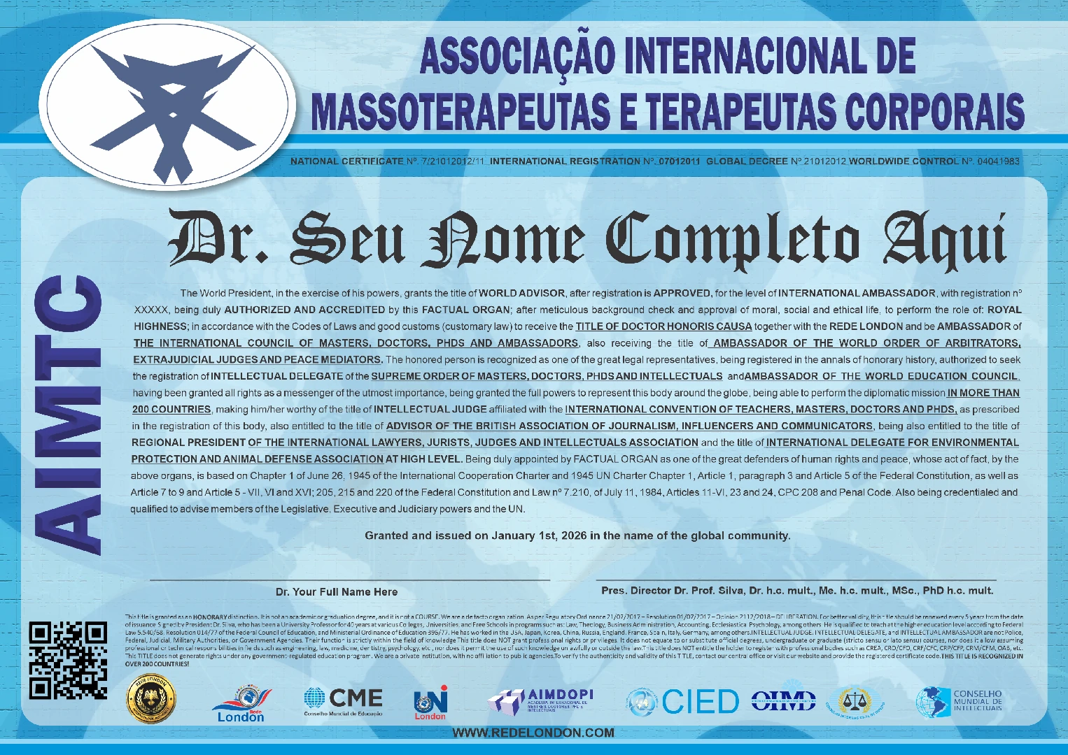 Diploma Associação Intercontinental de Massoterapeutas e Terapeutas Corporais