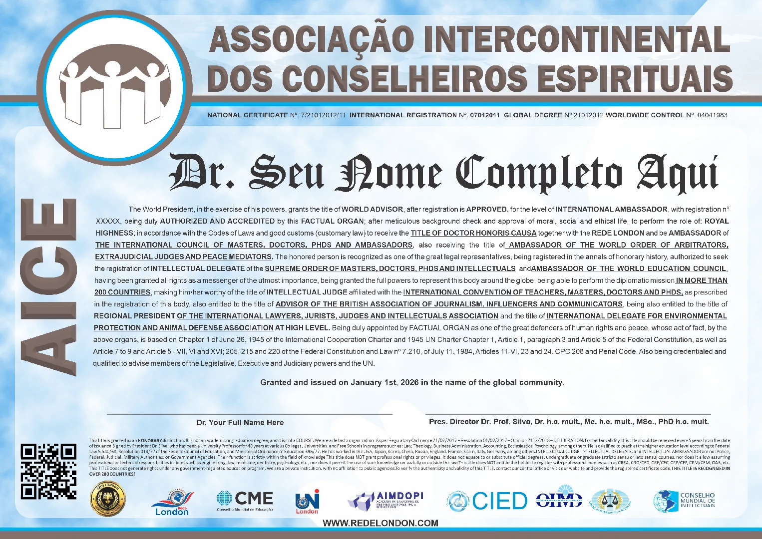 Diploma Associação Intercontinental dos Conselheiros Espirituais