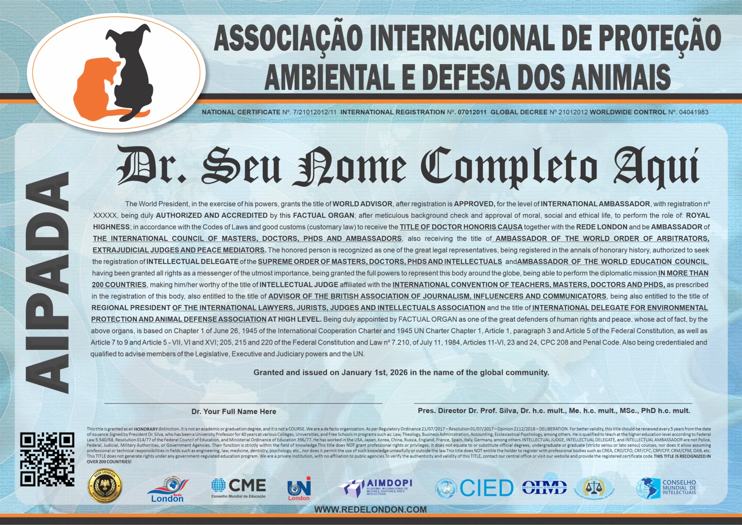 Diploma Associação Internacional de Proteção Ambiental e Defesa dos Animais
