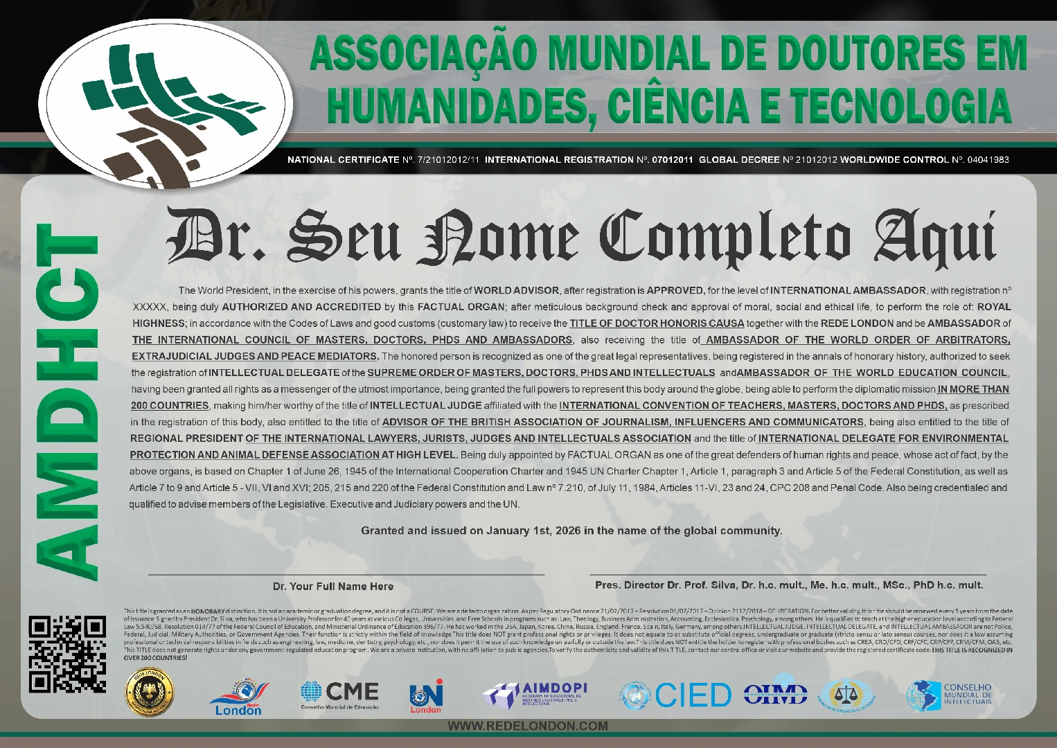 Diploma Associação Mundial de Doutores em Humanidades, Ciência e Tecnologia