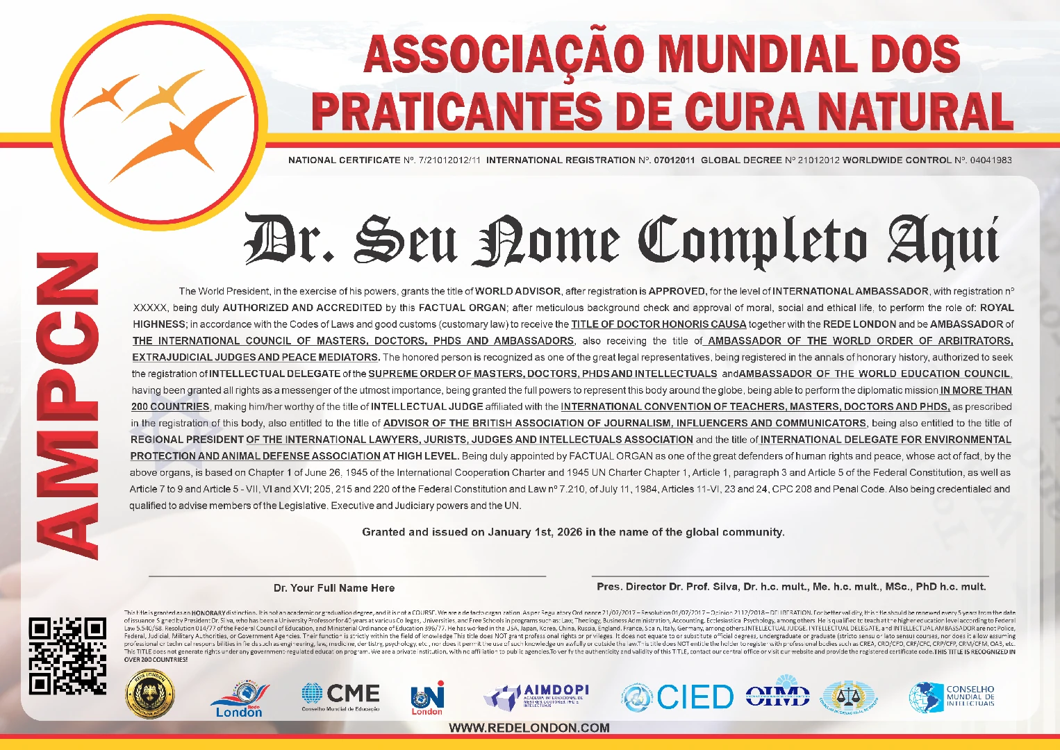 Diploma Associação Mundial dos Praticantes de Cura Natural