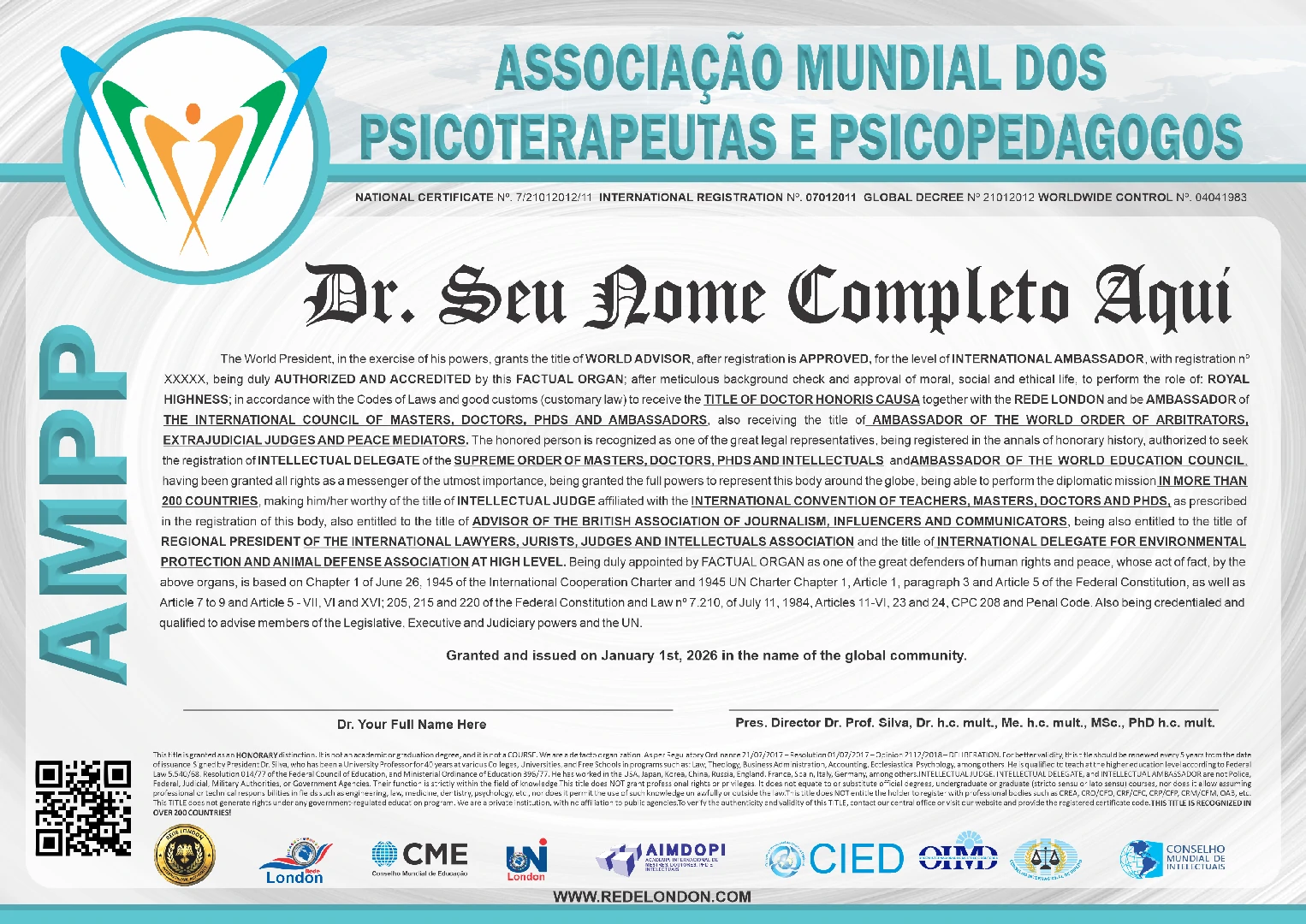Diploma Associação Mundial dos Psicoterapeutas e Psicopedagogos