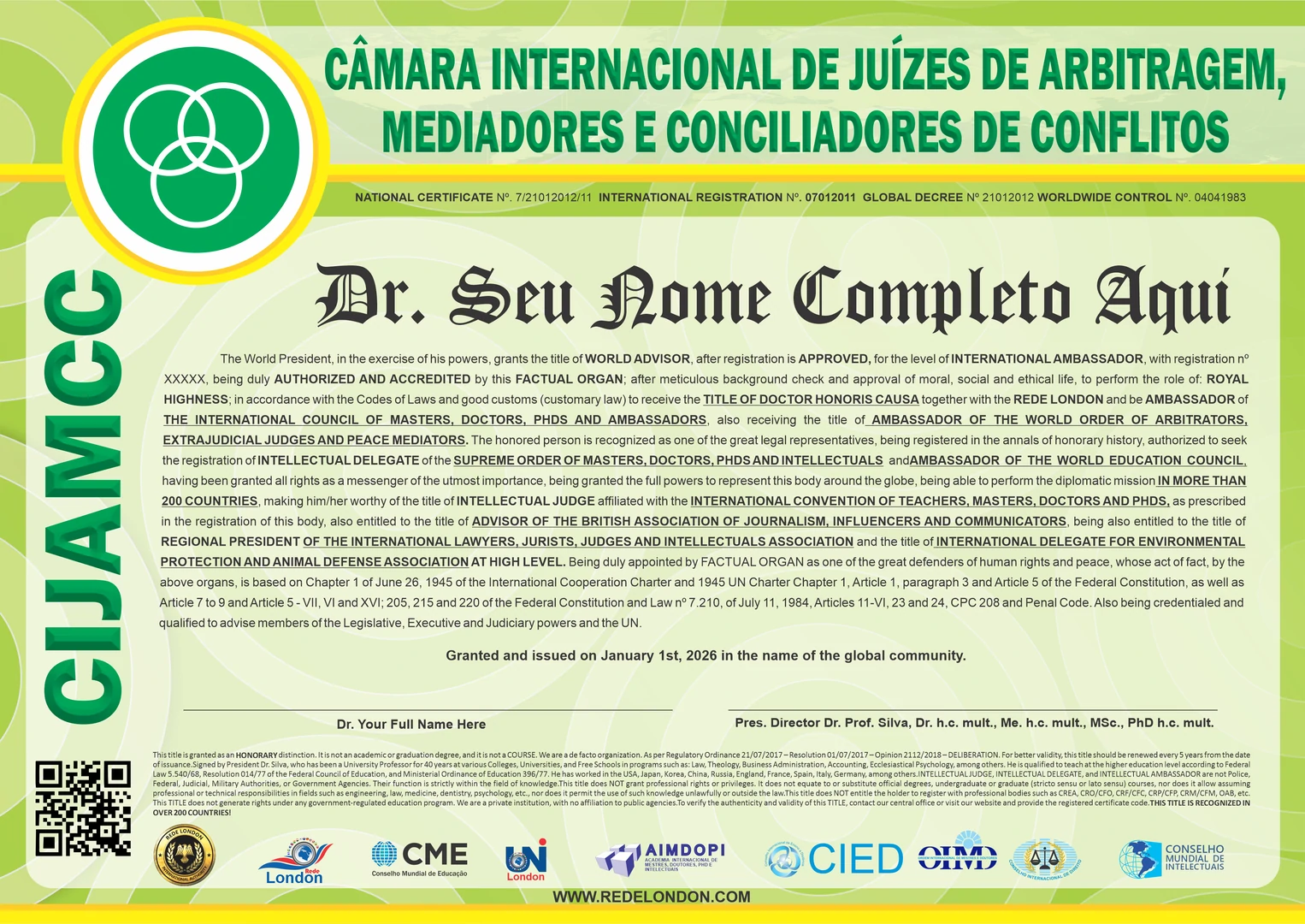 Diploma Câmara Internacional de Juízes de Arbitragem, Mediadores e Conciliadores de Conflitos