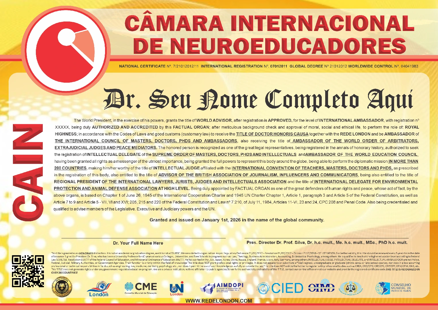 Diploma Câmara Internacional de Neuroeducadores