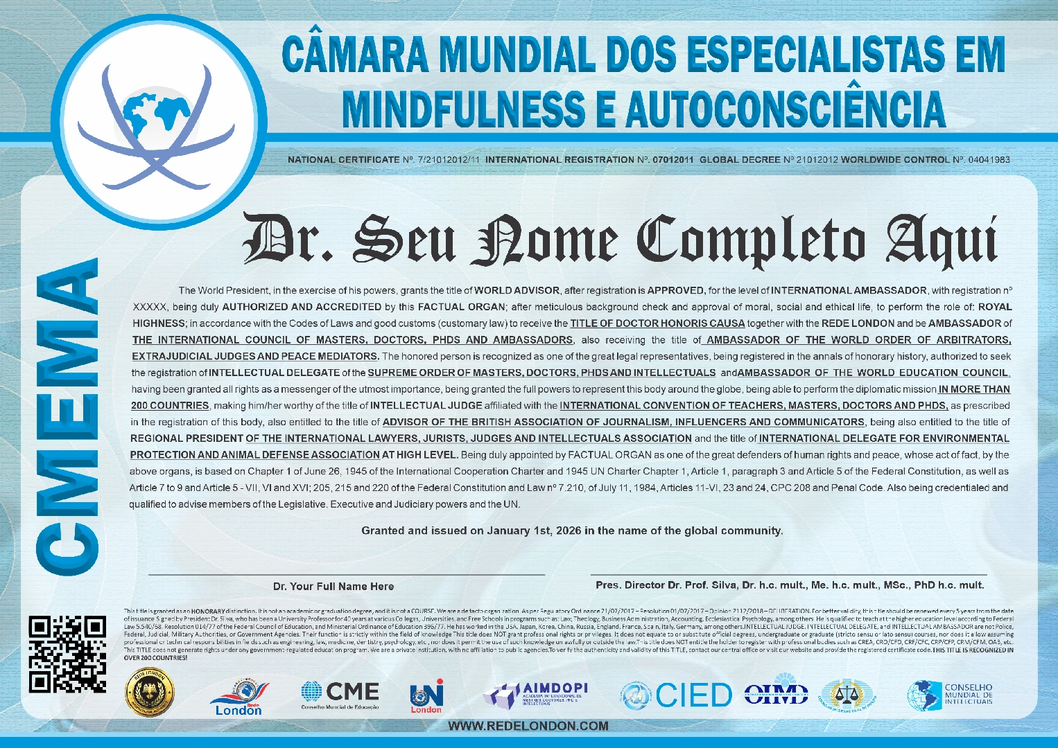 Diploma Câmara Mundial dos Especialistas em Mindfulness e Autoconsciência