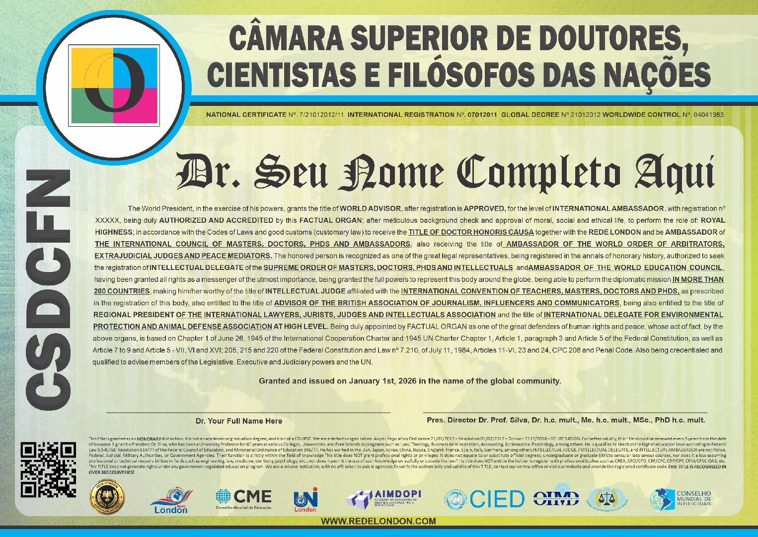 Diploma Câmara Superior de Doutores, Cientistas e Filósofos das Nações