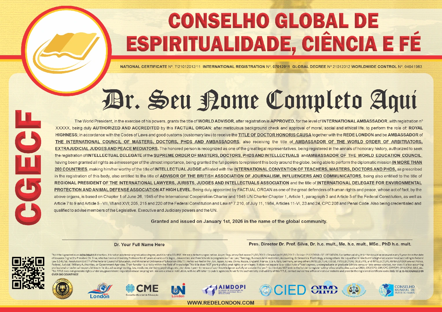 Diploma Conselho Global de Espiritualidade, Ciência e Fé