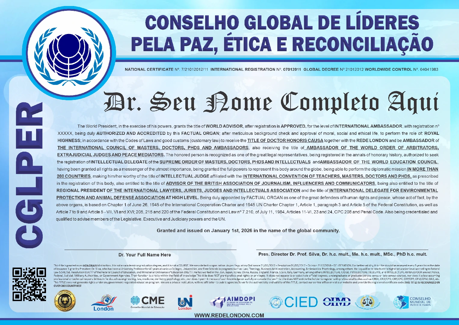 Diploma Conselho Global de Líderes Pela Paz, Ética e Reconciliação