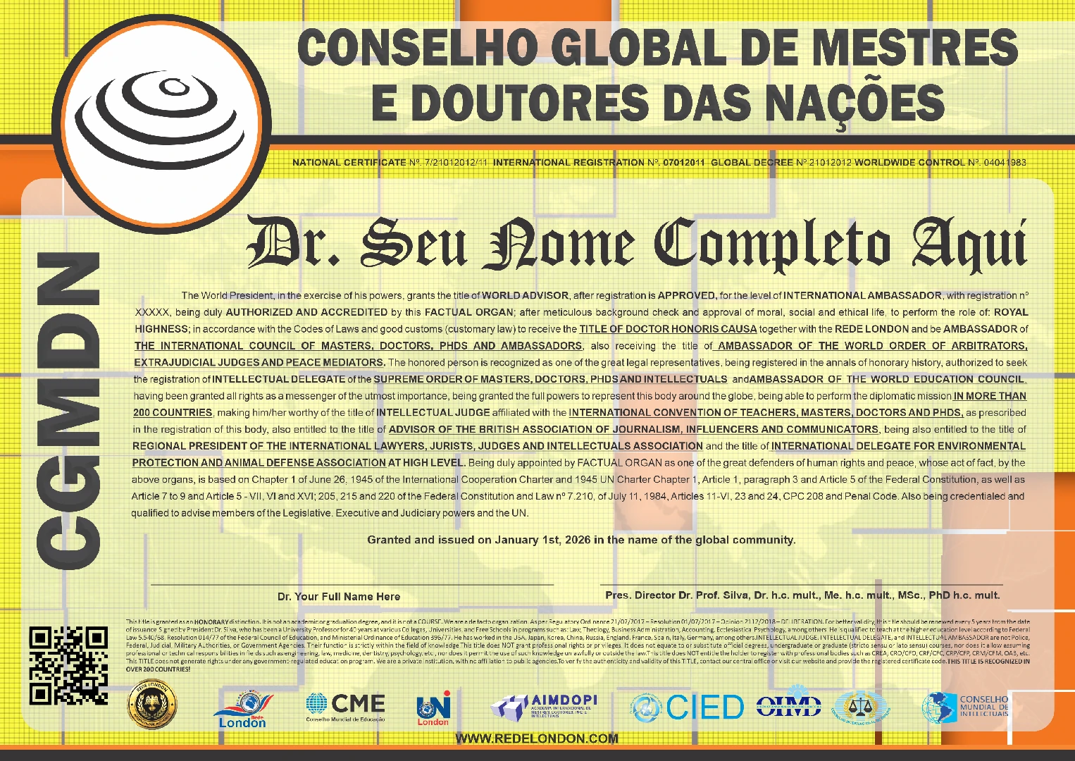 Diploma Conselho Global de Mestres e Doutores das Nações