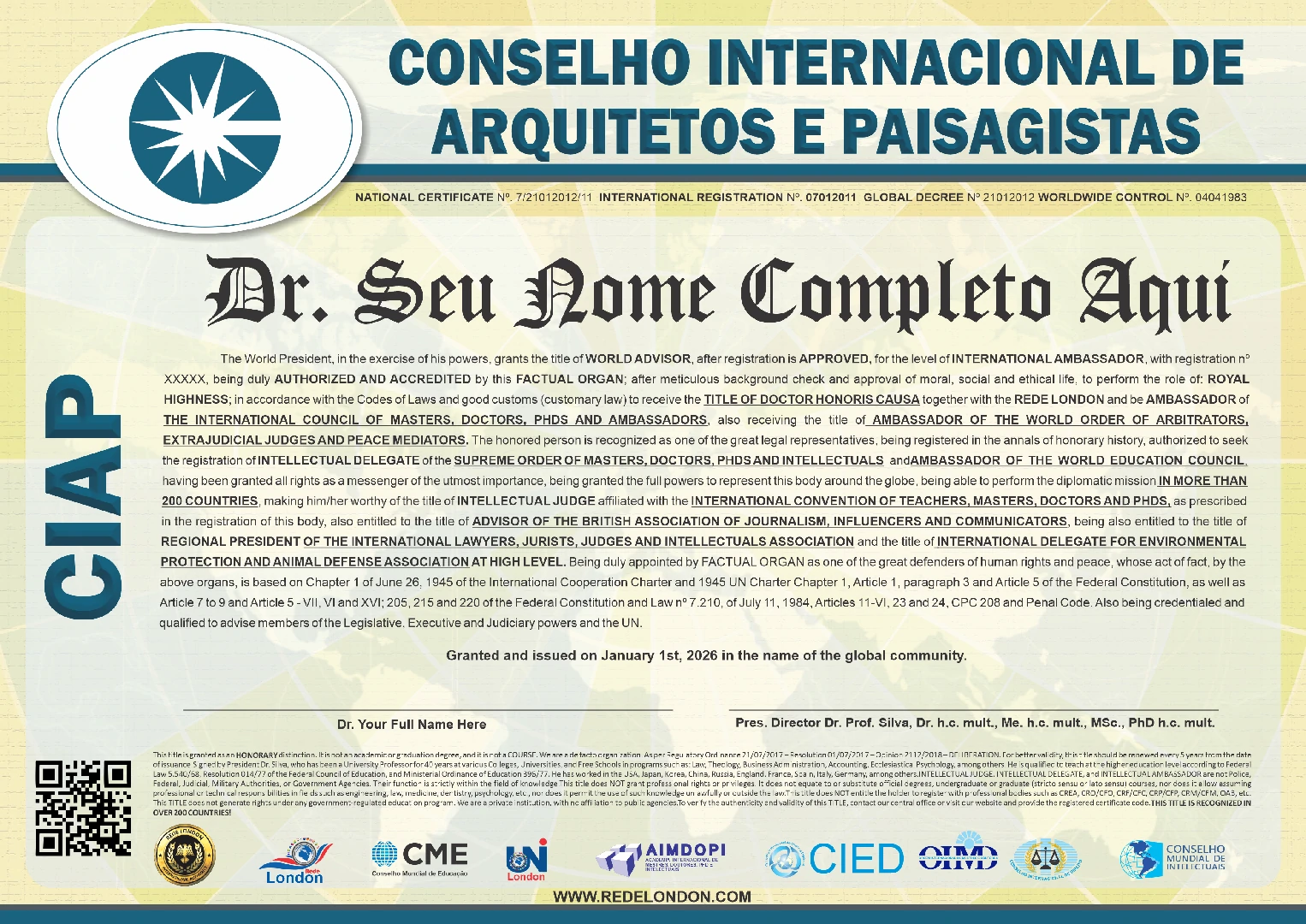 Diploma Conselho Internacional de Arquitetos e Paisagistas