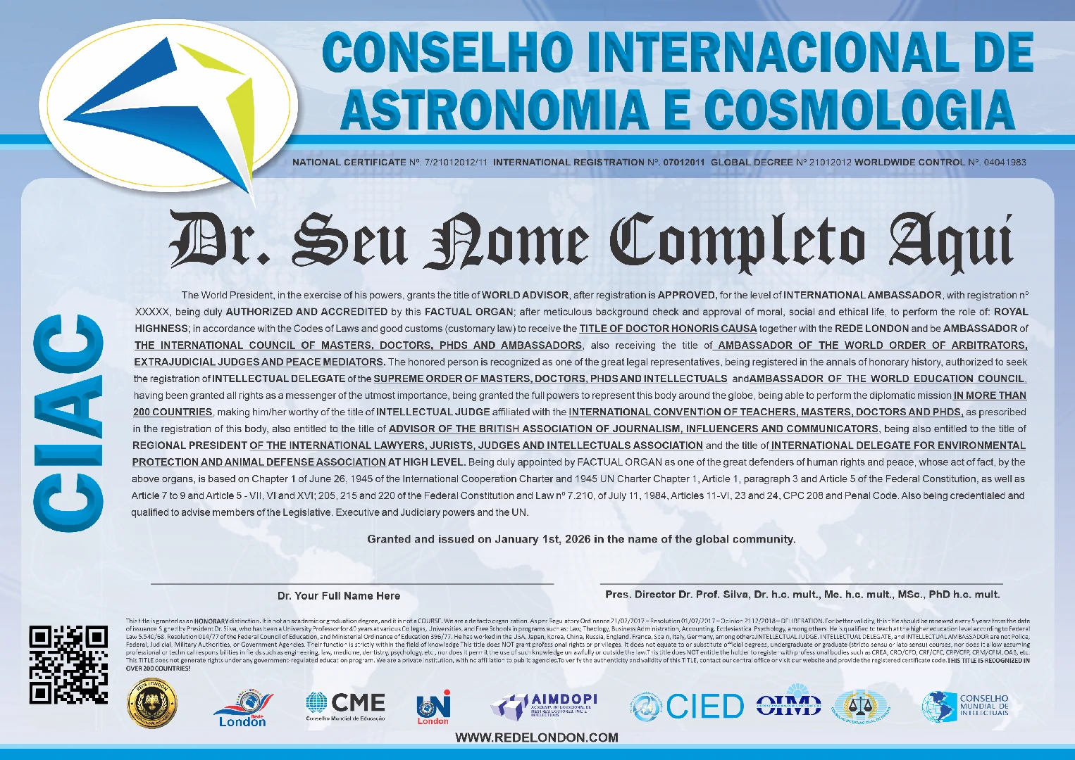 Diploma Conselho Internacional de Astronomia e Cosmologia