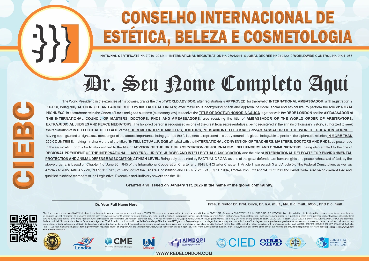 Diploma Conselho Internacional de Estética, Beleza e Cosmetologia