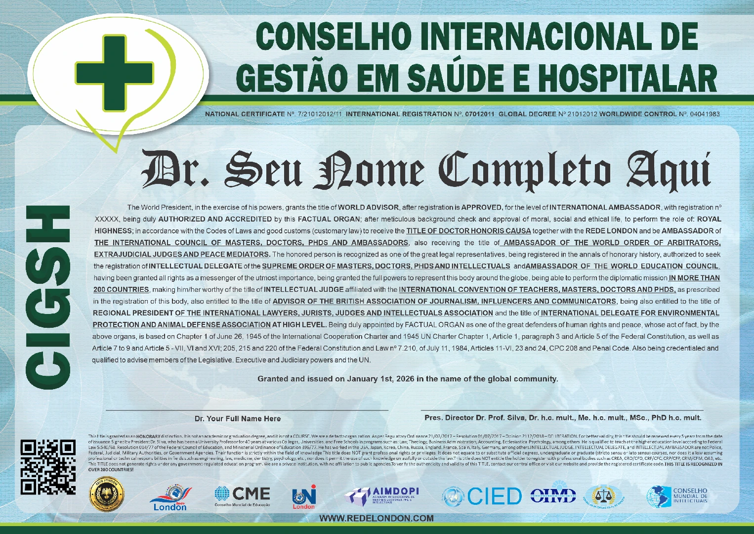 Diploma Conselho Internacional de Gestão em Saúde e Hospitalar