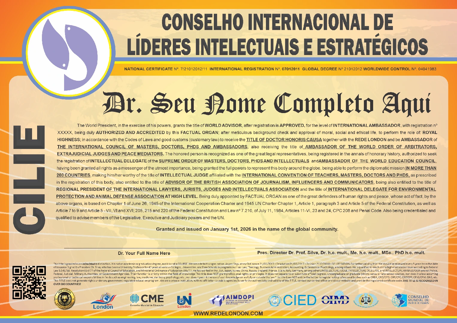 Diploma Conselho Internacional de Líderes Intelectuais e Estratégicos