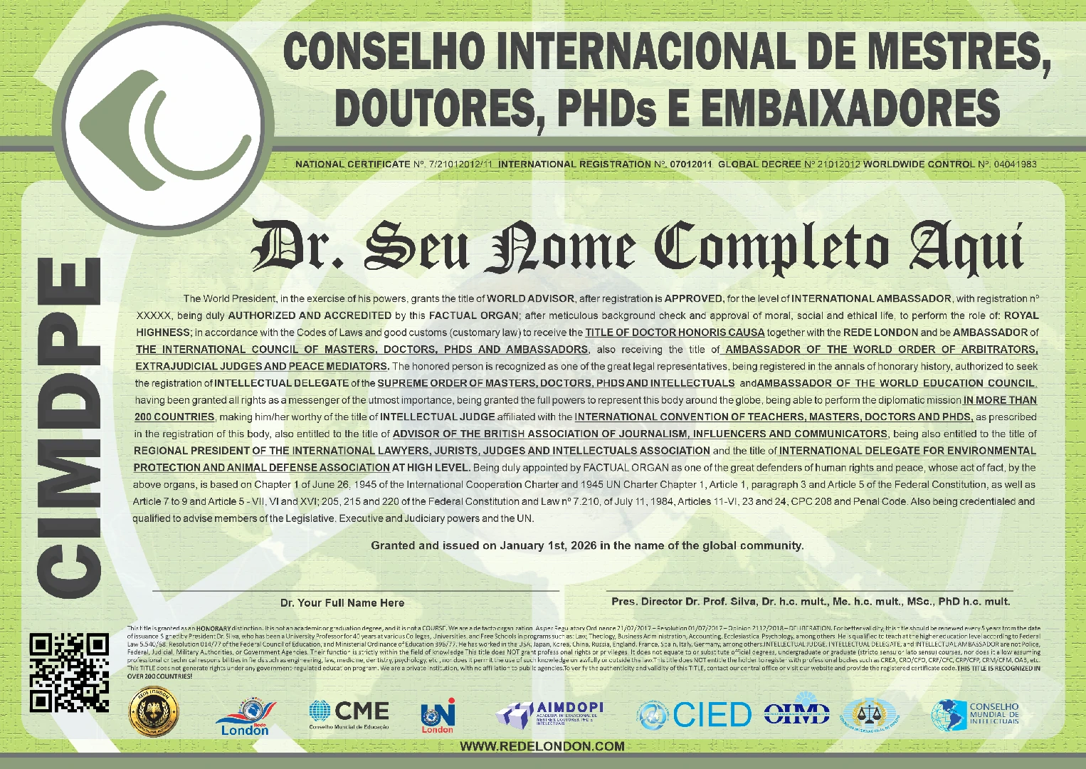 Diploma Conselho Internacional de Mestres, Doutores, Phds e Embaixadores