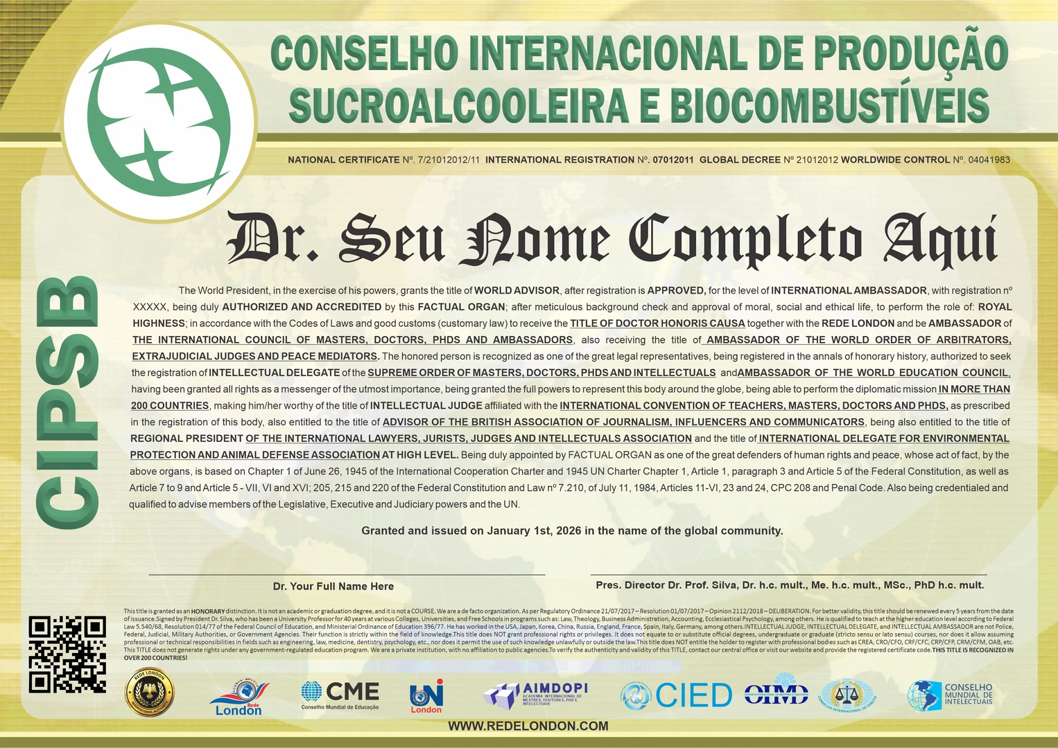 Diploma Conselho Internacional de Produção Sucroalcooleira e Biocombustíveis