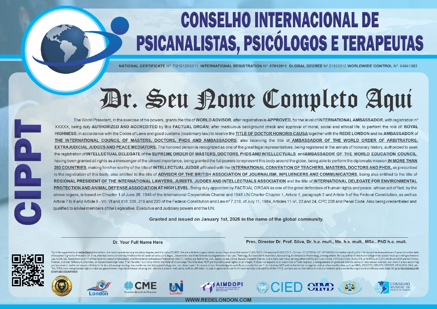 Diploma Conselho Internacional de Psicanalistas, Psicólogos e Terapeutas