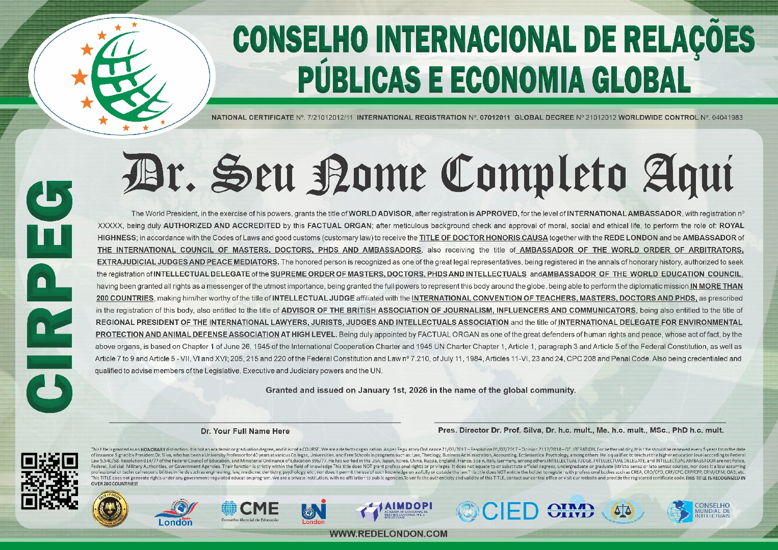 Diploma Conselho Internacional de Relações Públicas e Economia Global