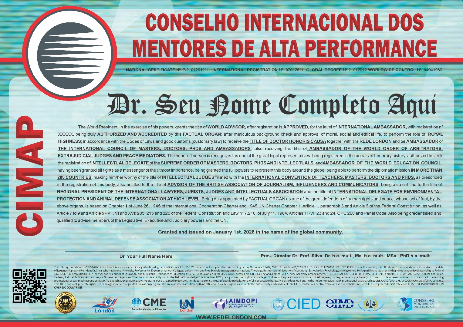 Diploma Conselho Internacional dos Mentores de Alta Performance