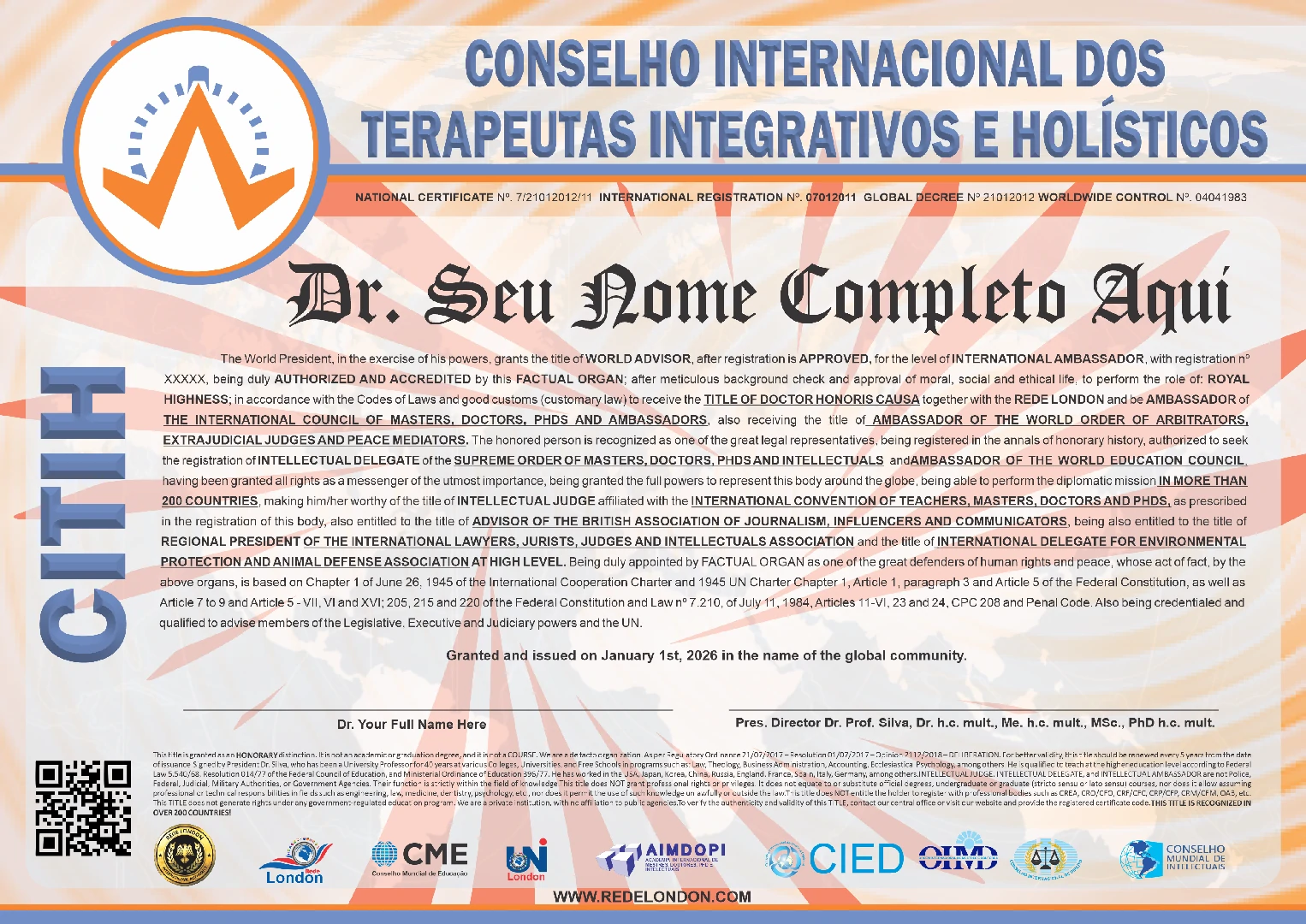 Diploma Conselho Internacional dos Terapeutas Integrativos e Holísticos