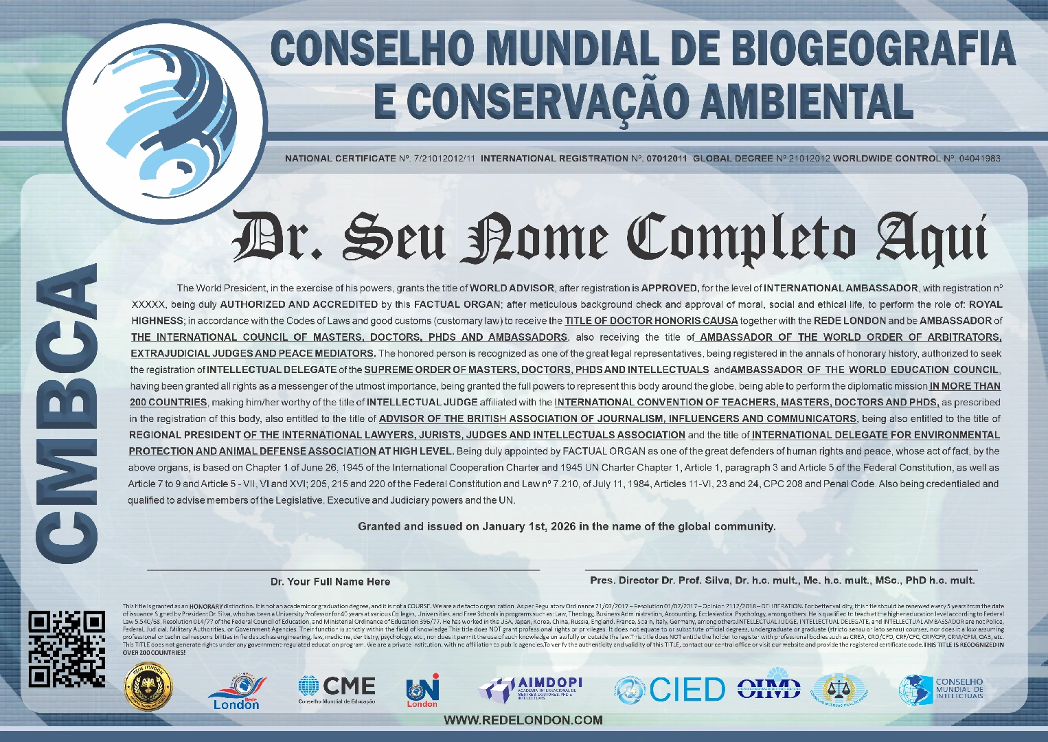 Diploma Conselho Mundial de Biogeografia e Conservação Ambiental