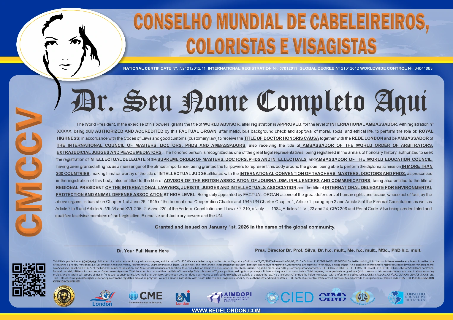 Diploma Conselho Mundial de Cabeleireiros, Coloristas e Visagistas