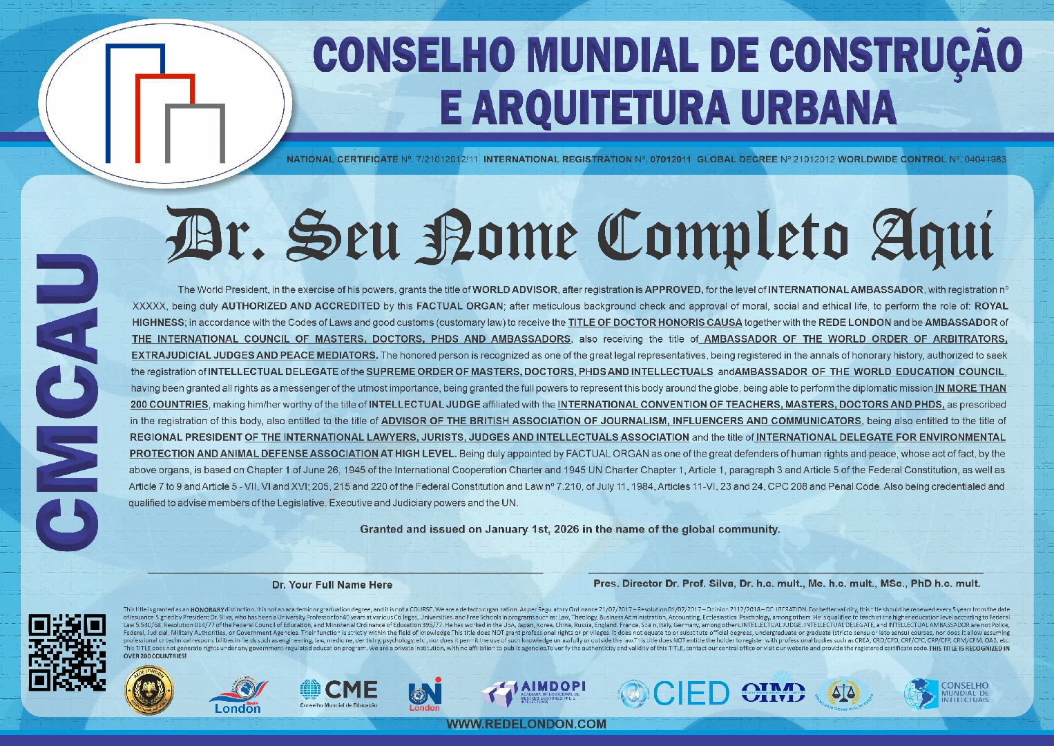 Diploma Conselho Mundial de Construção e Arquitetura Urbana