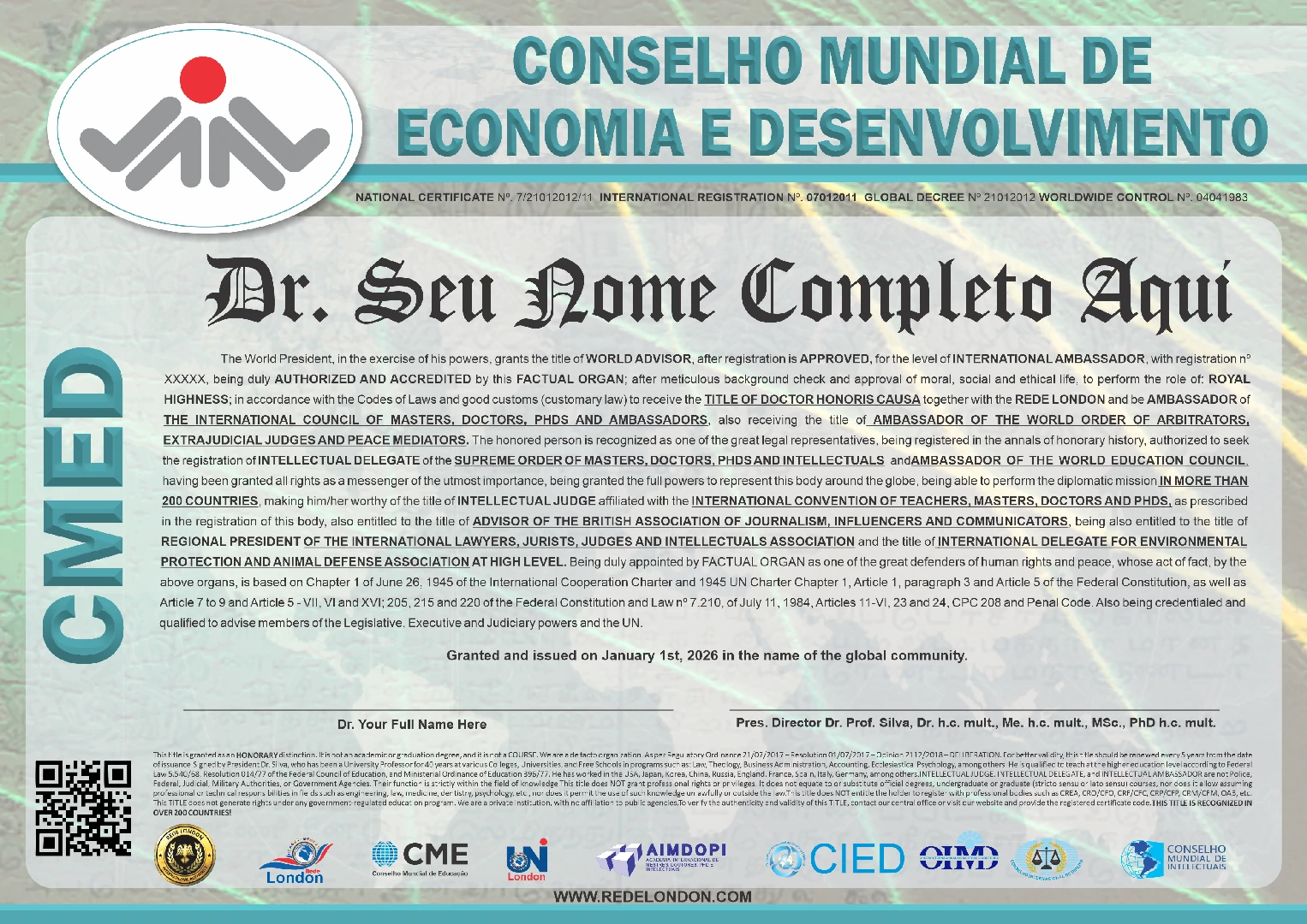 Diploma Conselho Mundial de Economia e Desenvolvimento