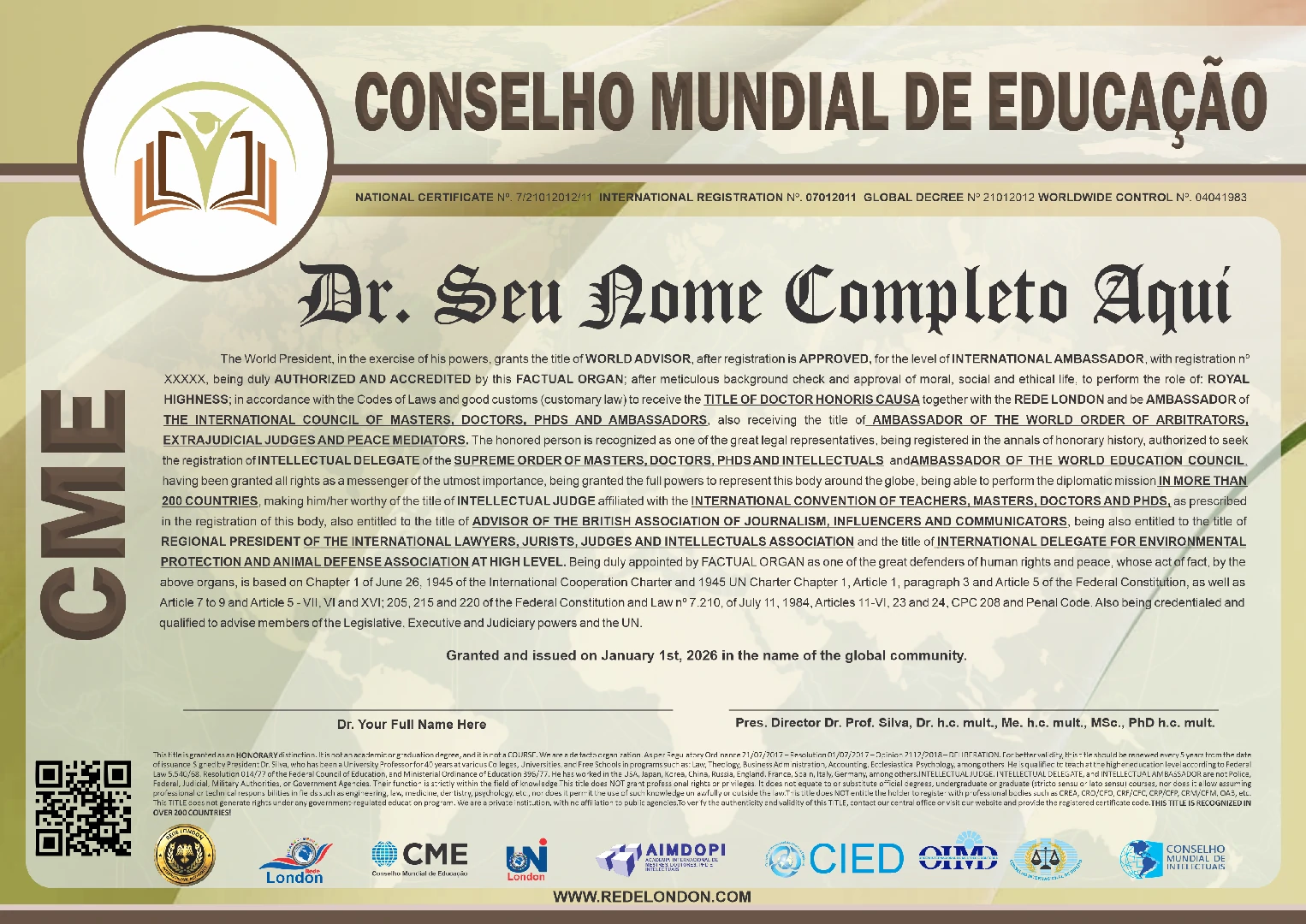 Diploma Conselho Mundial de Educação