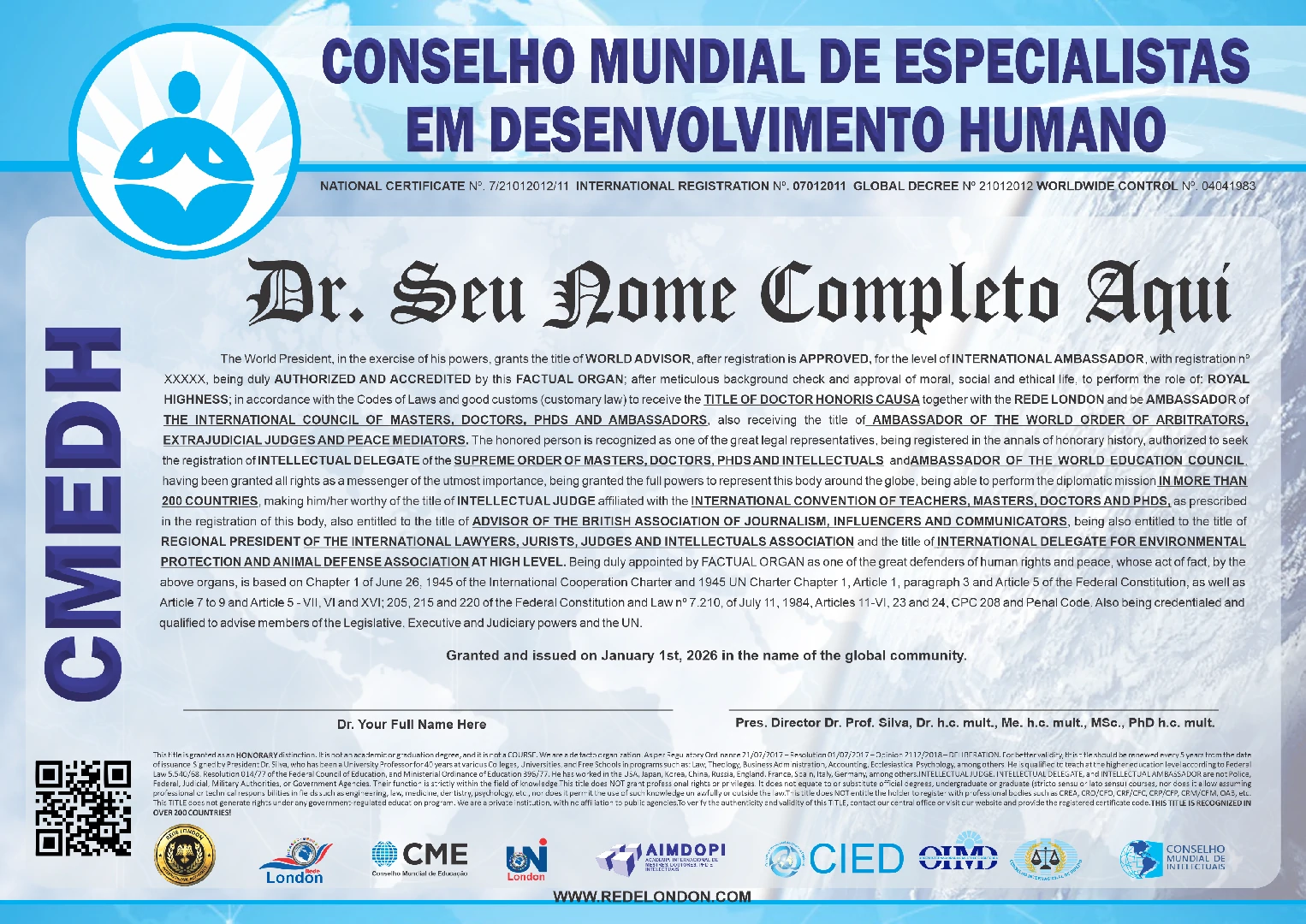 Diploma Conselho Mundial de Especialistas em Desenvolvimento Humano