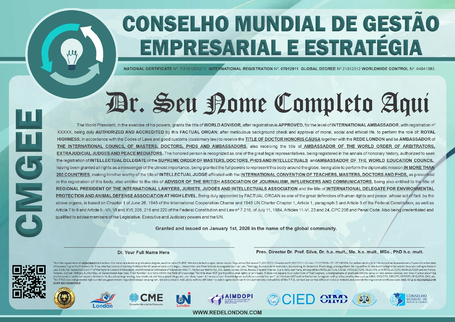 Diploma Conselho Mundial de Gestão Empresarial e Estratégia