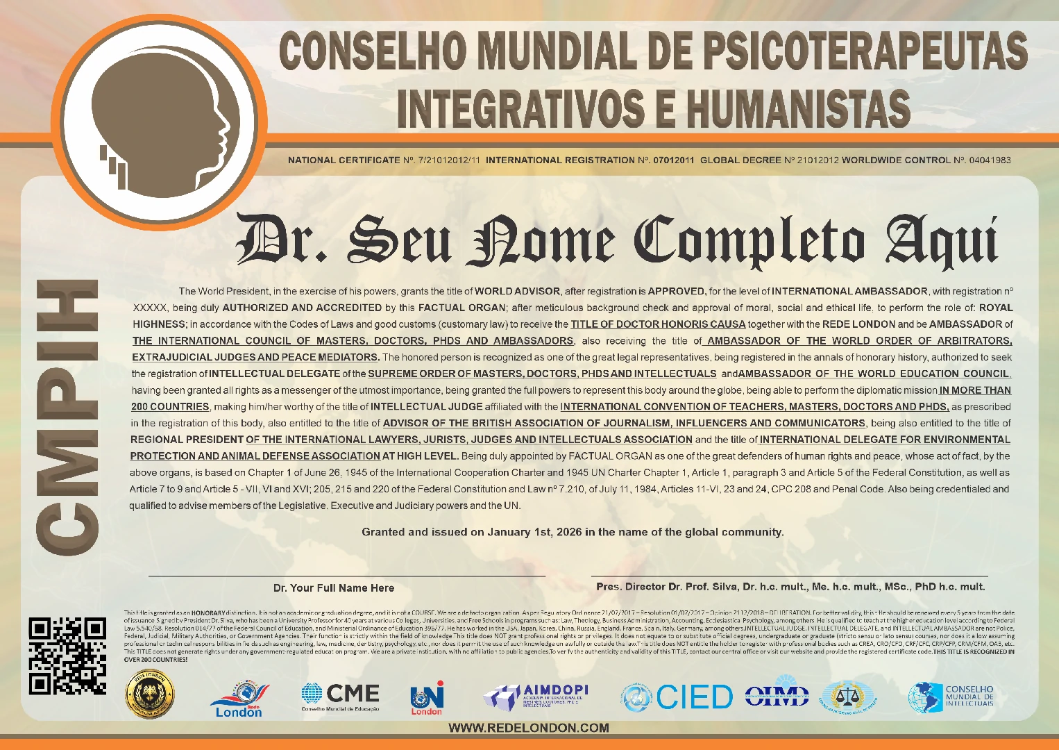 Diploma Conselho Mundial de Psicoterapeutas Integrativos e Humanistas